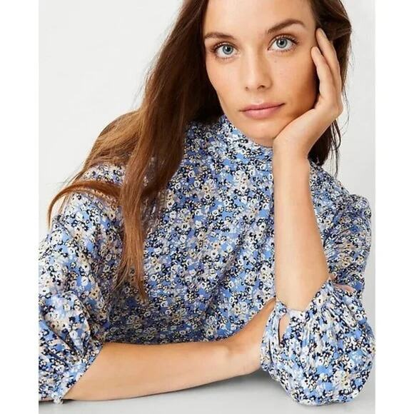 Ann Taylor Blue Floral Mock Neck Shift Dress 3/4 Sleeve Petite 2 - Picture 4 of 9